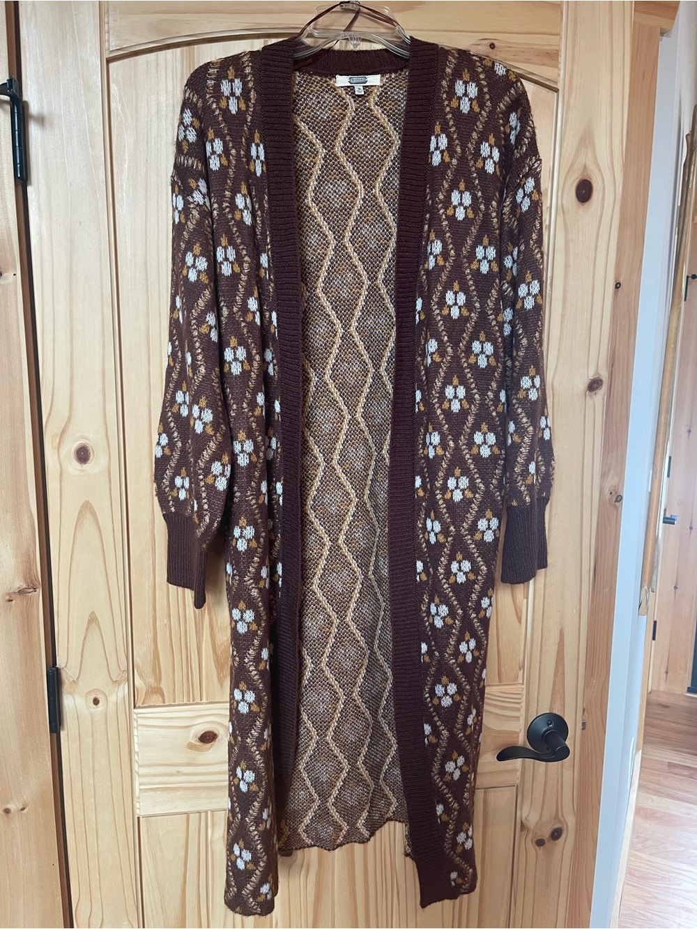 gimmicks by BKE Brown Patterned Open-Front Long Cardigan with Cream Accents